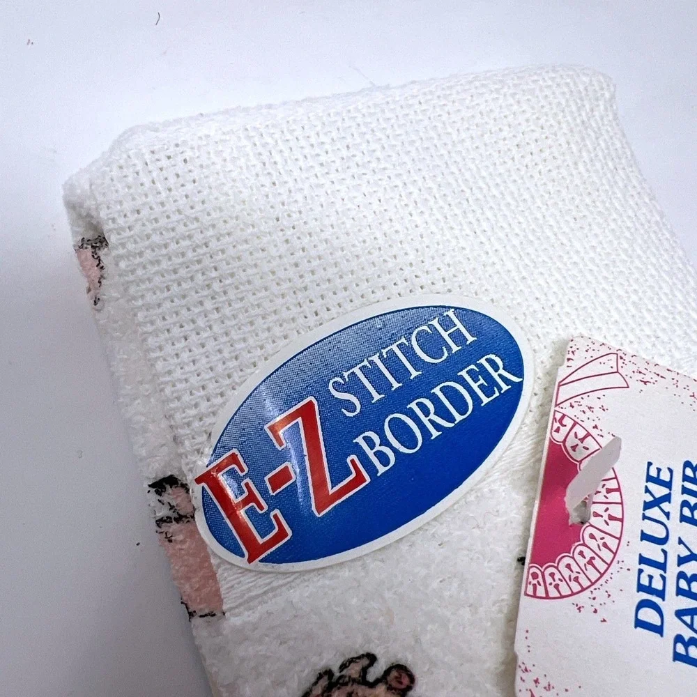 VINTAGE 1980s Charles Craft‎ Deluxe Baby Bib Pig Print Cross Stitch NOS Made USA